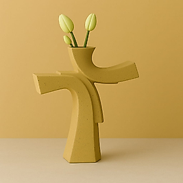 Asimetrik Form Beton Vazo – Minimal & Sanatsal Dekor Sarı