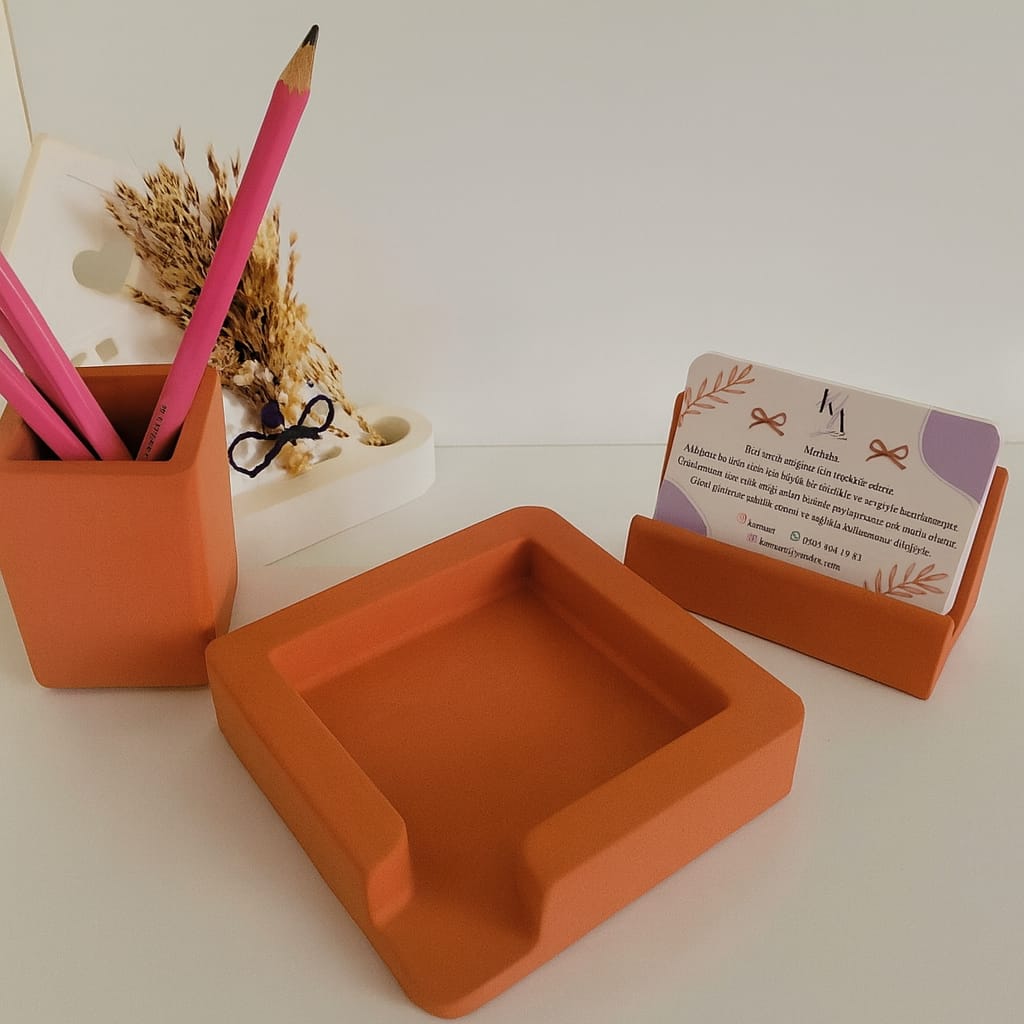 3 Parça Beton Ofis Seti Masa Üstü Organizer