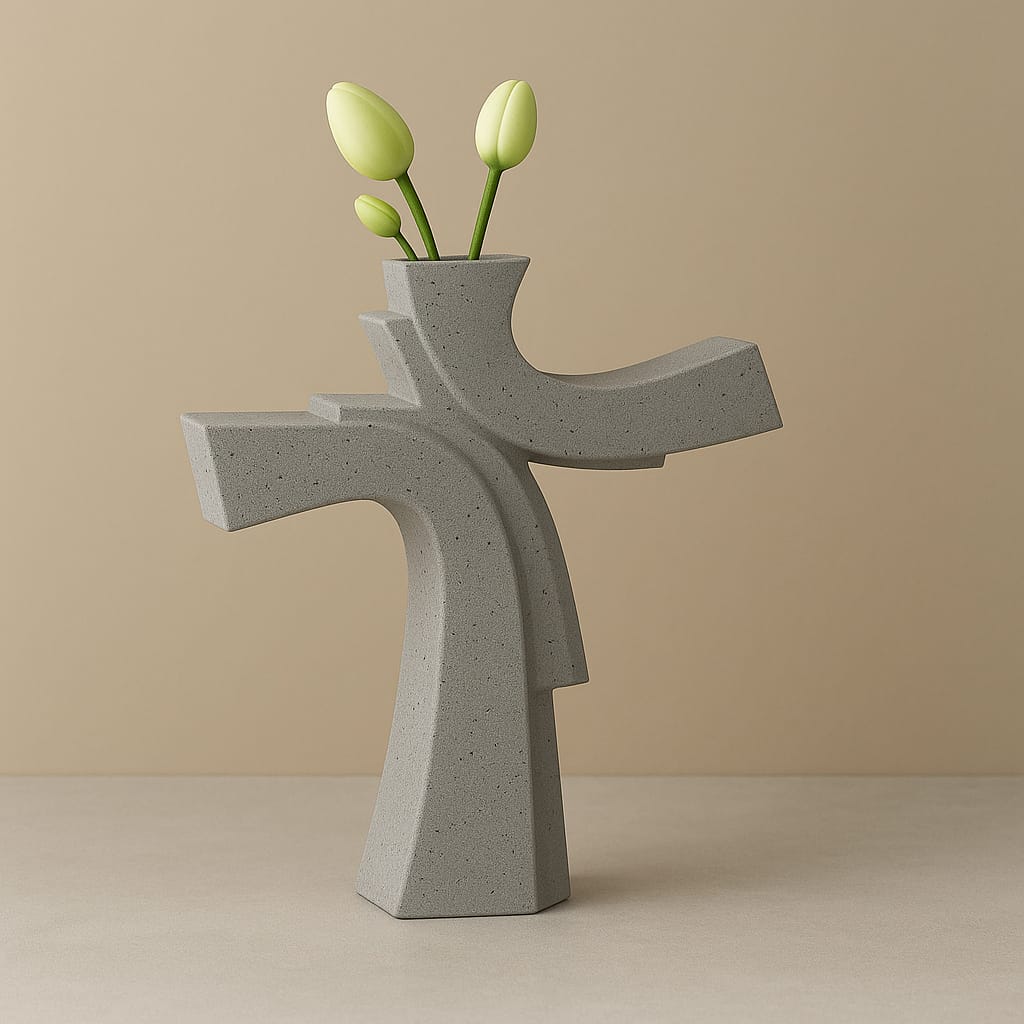 Asimetrik Form Beton Vazo – Minimal & Sanatsal Dekor Beyaz Gri