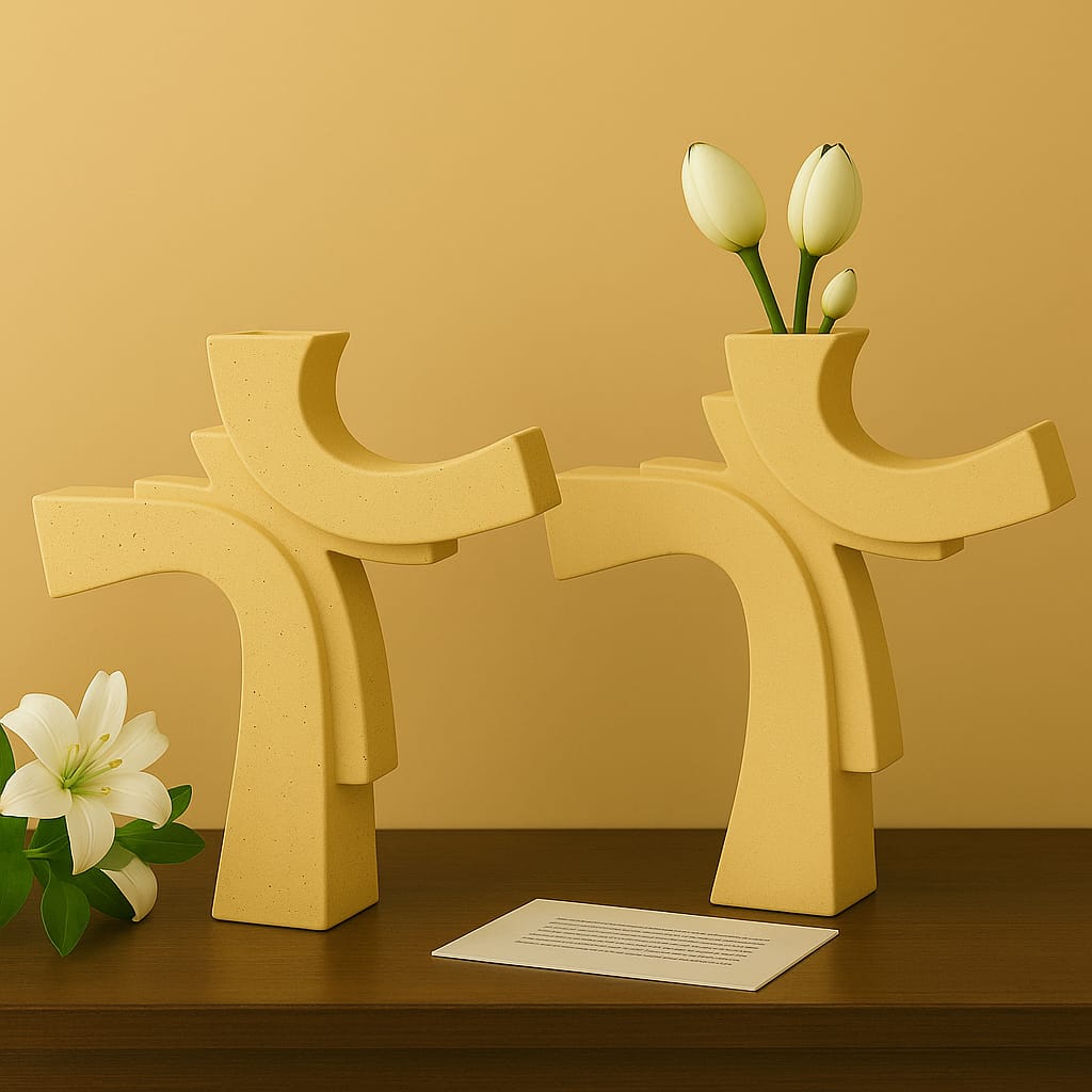 Asimetrik Form Beton Vazo – Minimal & Sanatsal Dekor Sarı 2 Li