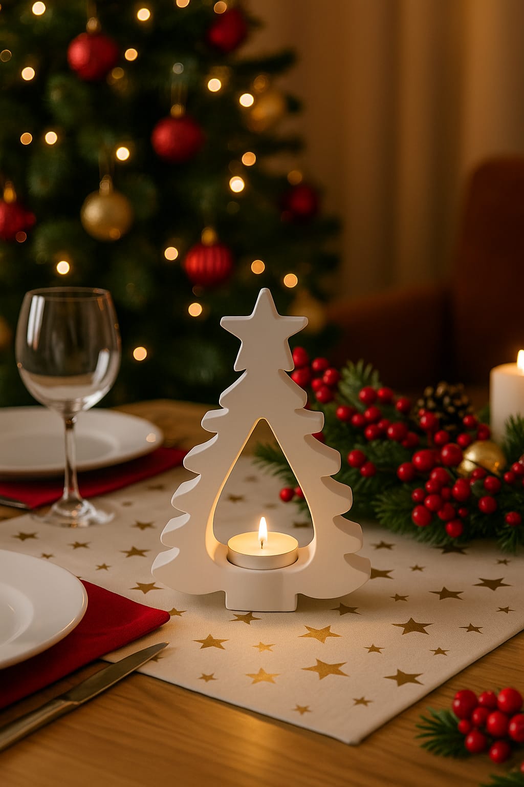 Yılbaşı Ağaç Formlu Tealight Mumluk – El Yapımı Dekoratif Aksesuar